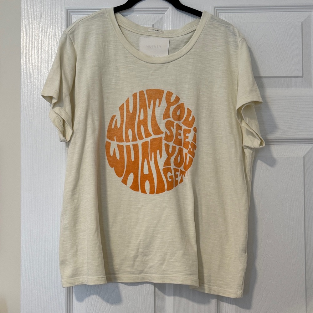 Mother Denim Cream/Butter Yellow Graphic T-Shirt with Orange Print Women Size XL